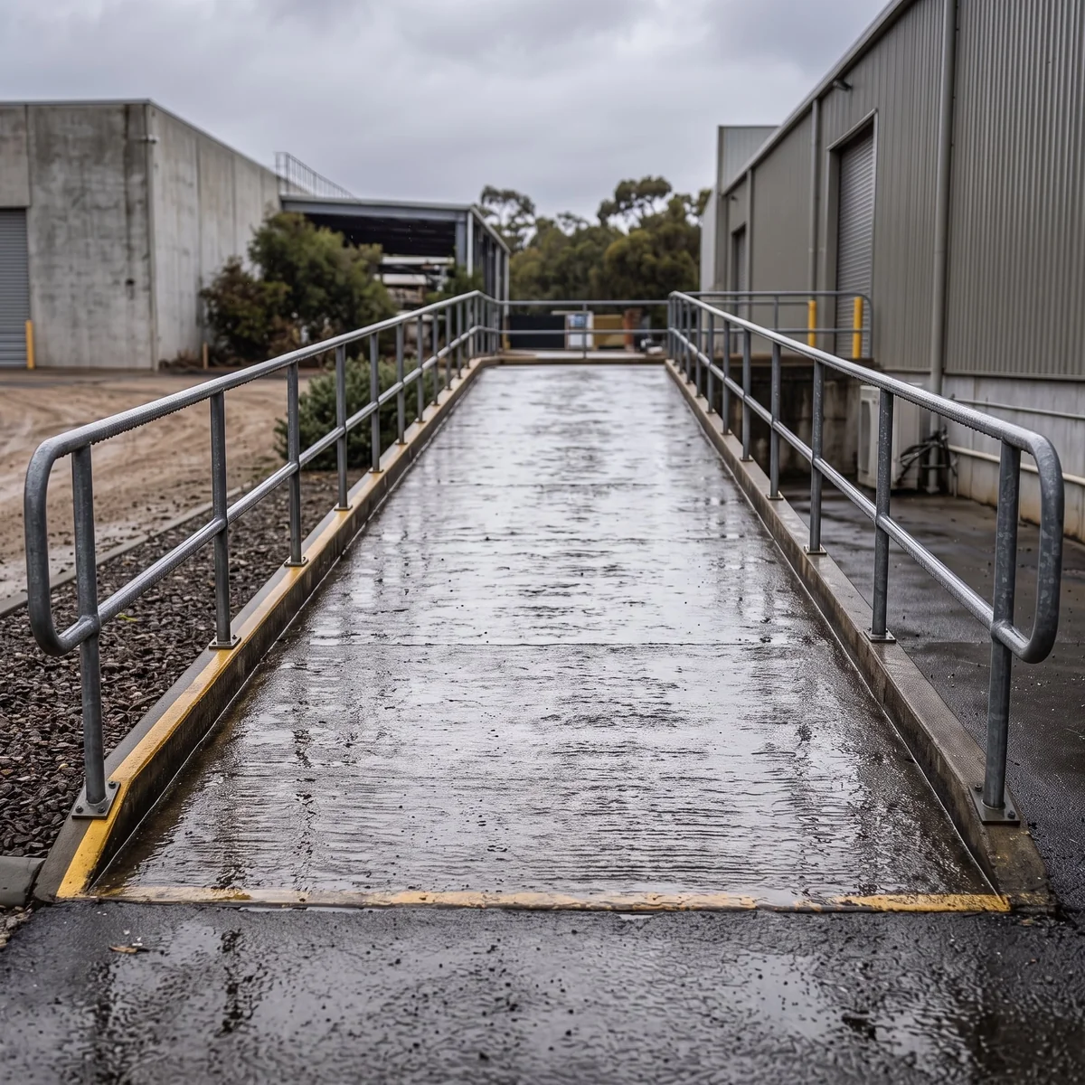 Anti-slip concrete ramp with safety handrails