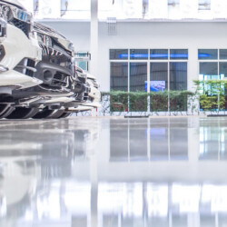 Epoxy floor coating with metallic finish for commercial spaces